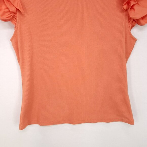 Anthropologie Ribbed Top Size Medium Ruffle Short Cap Sleeve Round Neck Blouse - Picture 11 of 12